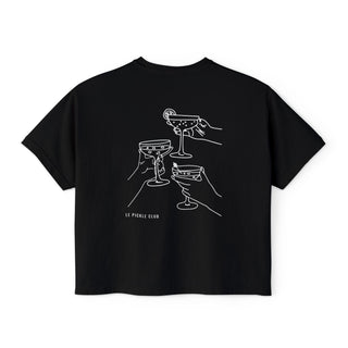 Black t-shirt with white cocktail graphic and 'Le Pickle Club' text on a white background