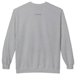 Gray sweatshirt with a logo on the back against a white background