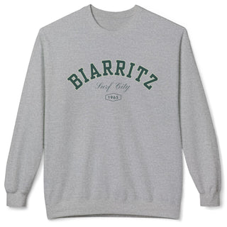 Gray sweatshirt with 'BIARRITZ Surf City' text on a white background