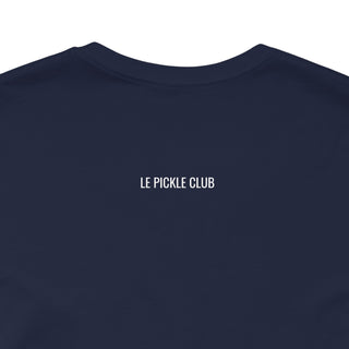 Navy blue t-shirt with 'LE PICKLE CLUB' text on a white background