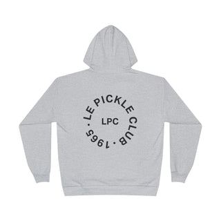 A gray hoodie with 'LE PICKLE CLUB' text printed on the front and back.