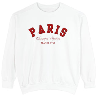White sweatshirt with red 'PARIS Champs Elysees France 1965' text on a white background