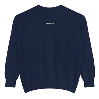 Navy blue sweatshirt with a small white logo on the back against a white background