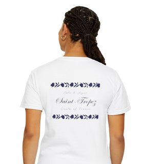 Person wearing a white t-shirt with text on the back, standing against a white background