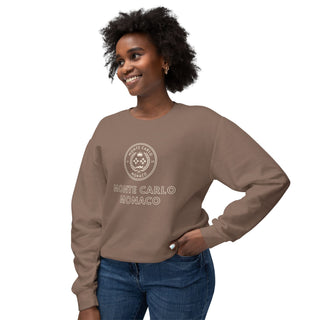 Woman wearing a brown sweatshirt with 'Monte Carlo Monaco' print on a white background