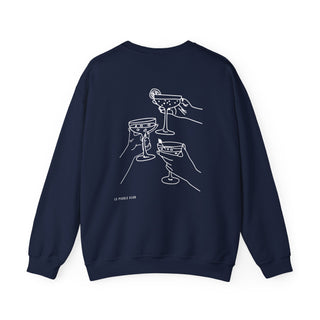Navy blue sweatshirt with white line art of cocktail glasses on a white background