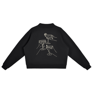 Black sweatshirt with white cocktail graphic on the back against a white background