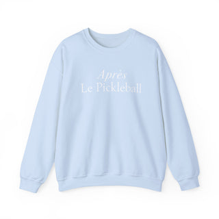 Light blue sweatshirt with 'Apres Le Pickleball' text on a white background