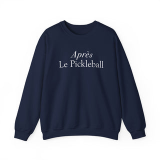 Navy blue sweatshirt with 'Apres Le Pickleball' text on a white background