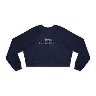 Navy blue sweatshirt with 'Apres Le Pickleball' text on a white background