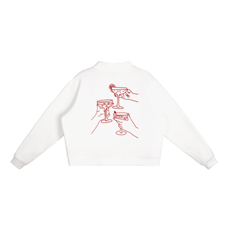 White sweatshirt with red graphic design of cocktail glasses and a hand on a white background