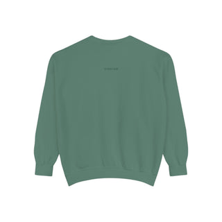 Green sweatshirt with a brand logo on the back against a white background
