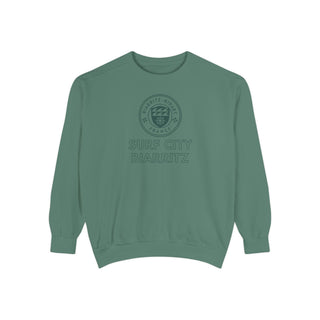 Green sweatshirt with 'Surf City Biarritz' text and logo on a white background