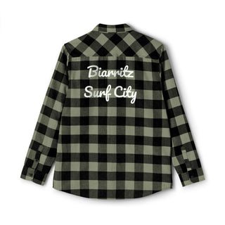 Black and green checkered shirt with 'Biarritz Surf City' text on a white background