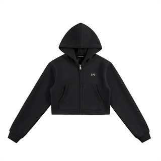 Black hoodie with a small logo on a white background