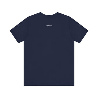 Navy blue t-shirt with a small white logo on the back against a white background