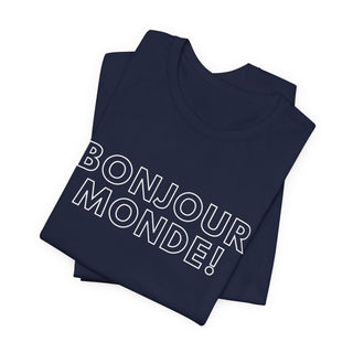 Navy blue t-shirt with 'Bonjour Monde!' text on a white background