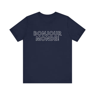 Navy blue t-shirt with 'Bonjour Monde!' text on a white background