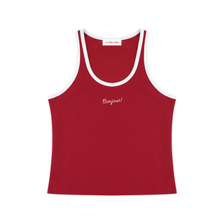 Red tank top with white trim and 'Bonjour!' text on a white background