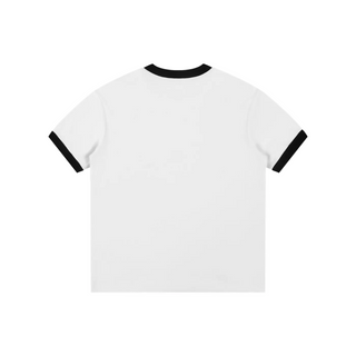 White t-shirt with black trim on a white background