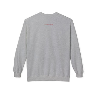 Gray sweatshirt with a small red logo on the back against a white background