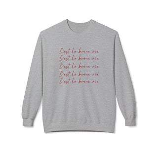 Gray sweatshirt with red text on a white background