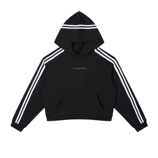 Black hoodie with white stripes on sleeves and hood on a white background