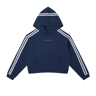 Navy hoodie with white stripes on sleeves on a white background