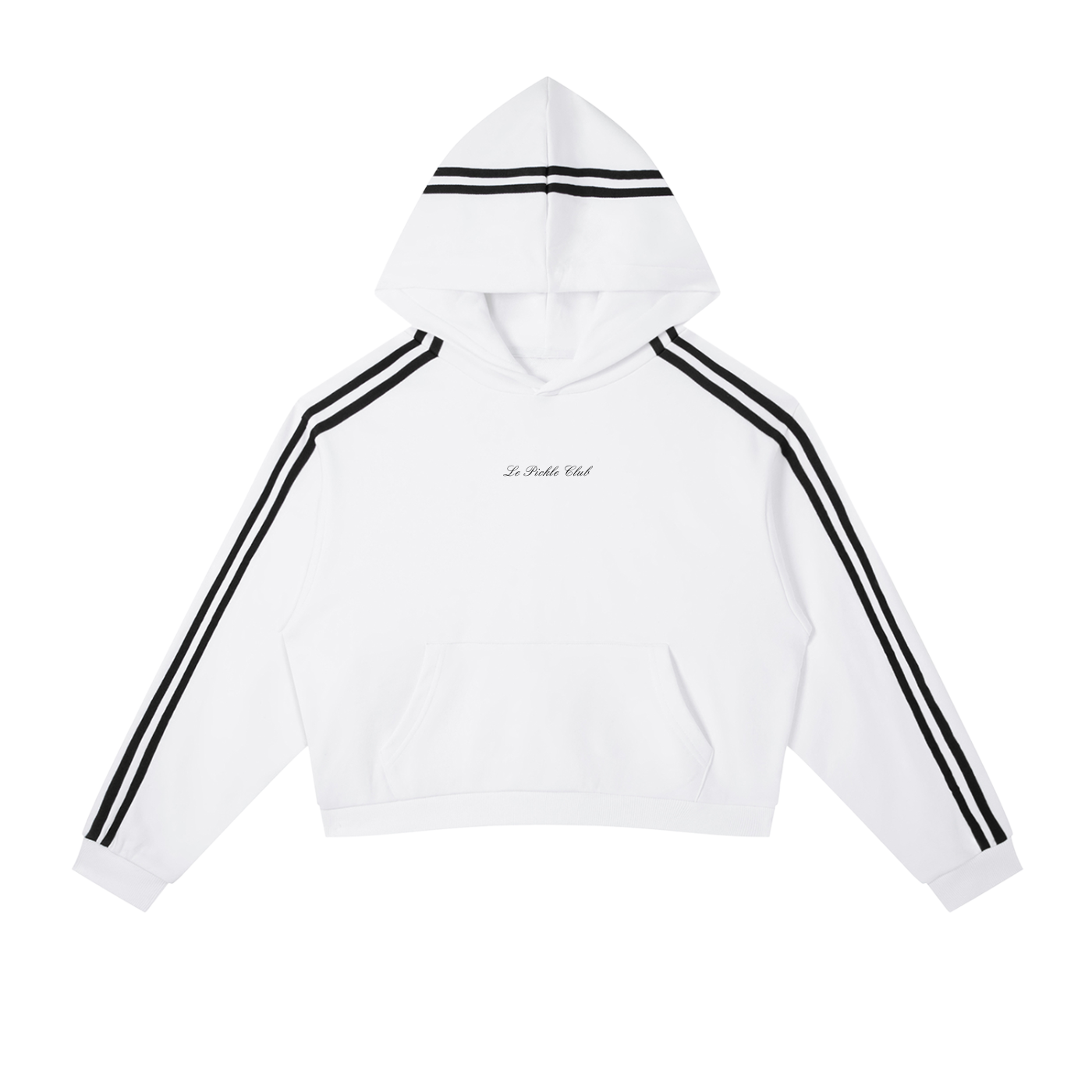 White hoodie with black stripes on sleeves and hood on a white background