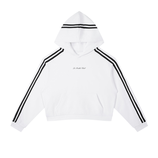 White hoodie with black stripes on sleeves and hood on a white background