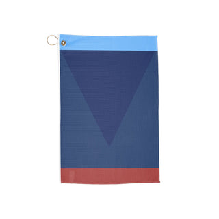 Golf towel with blue and red design on a white background