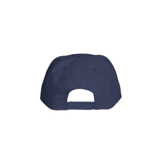 Navy blue cap with a white patch on a white background