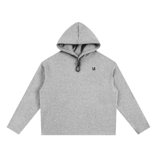 Gray hoodie with a small logo on a white background