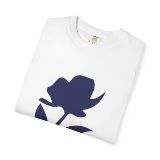 White t-shirt with a blue graphic on a white background
