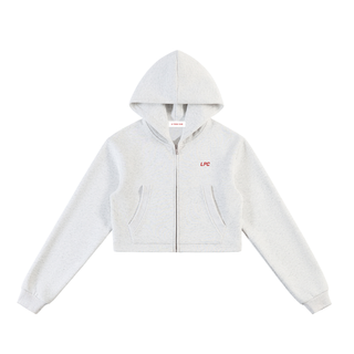 White hoodie with a brand logo on a white background