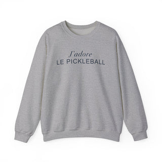 Gray sweatshirt with 'j'adore LE PICKLEBALL' text on a white background