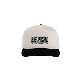 White and black cap with text on a white background