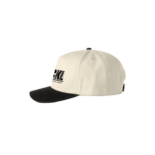 Beige and black cap with a logo on a white background