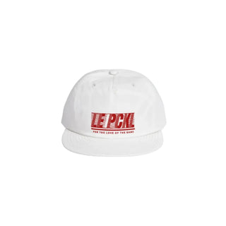 White cap with red text on a white background
