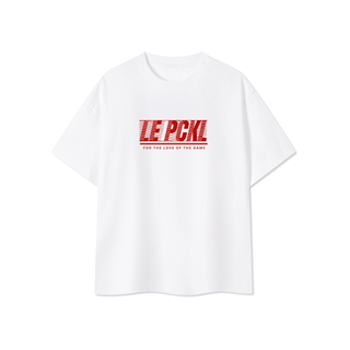 White t-shirt with red text on a white background