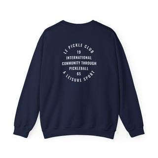 Navy blue sweatshirt with white text on a white background
