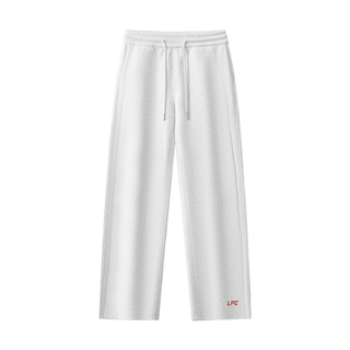 White sweatpants with a red logo on a white background