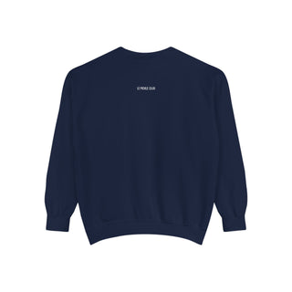 Navy blue sweatshirt with a small white logo on the back against a white background