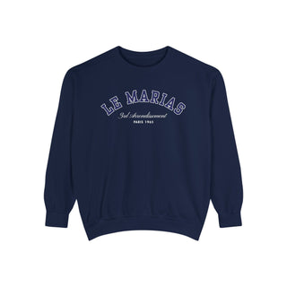 Navy blue sweatshirt with 'LE MARIAS' text on a white background