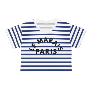 Blue and white striped t-shirt with 'Le Marais Paris' text on a white background