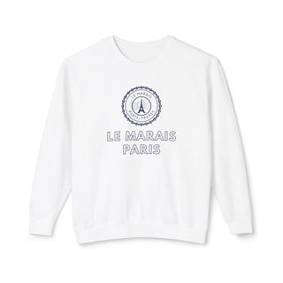 White sweatshirt with 'Le Marais Paris' logo on a white background