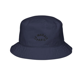 Navy bucket hat with 'Le Marais Paris' text on a white background