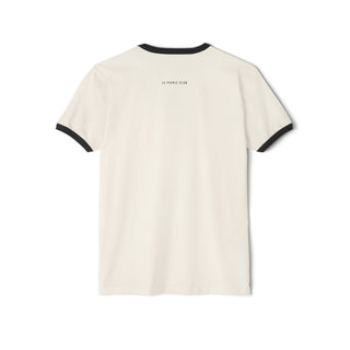White t-shirt with black trim on a white background