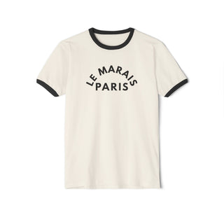 White t-shirt with black text 'Le Marais Paris' on a white background