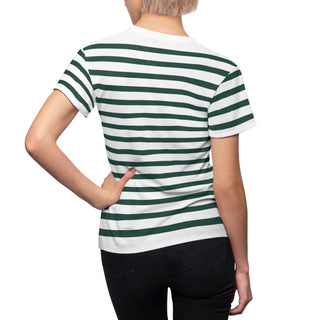 Back of Person wearing a green and white striped t-shirt on a white background